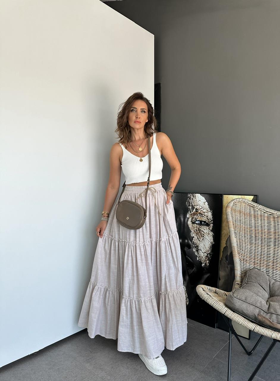 Bej Çizgili Maxi Keten Etek