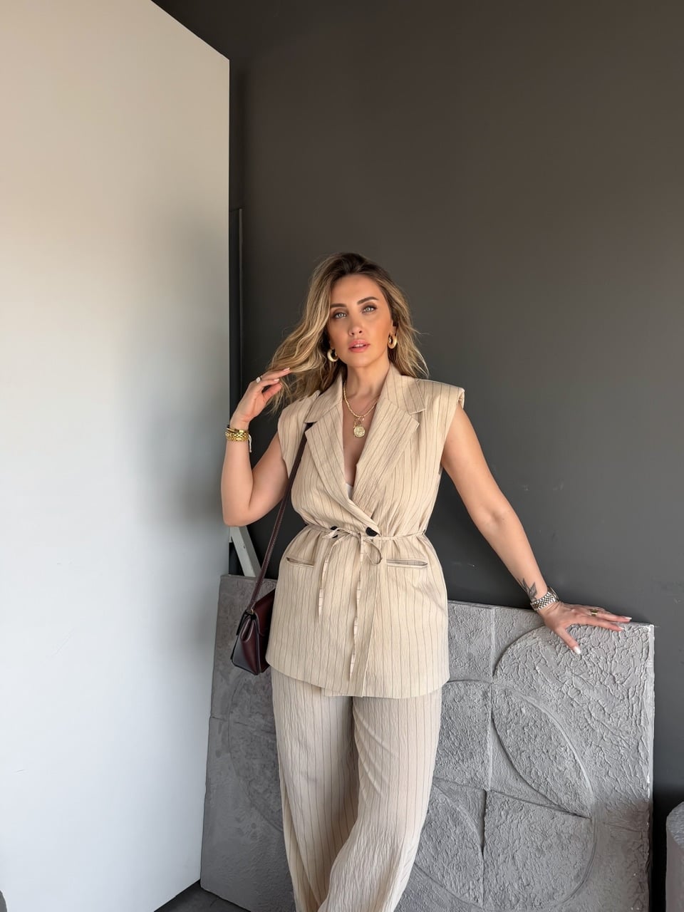 Bej Çizgili Premium Takım