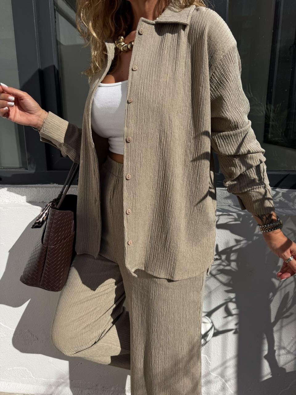 Bej Dokulu Likralı Casual Takım