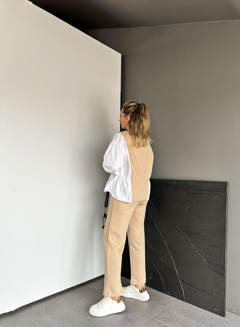 Bej Gömlek Detaylı Sweat Takım