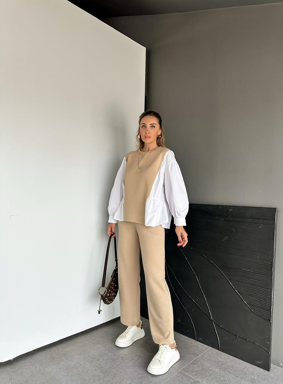 Bej Gömlek Detaylı Sweat Takım