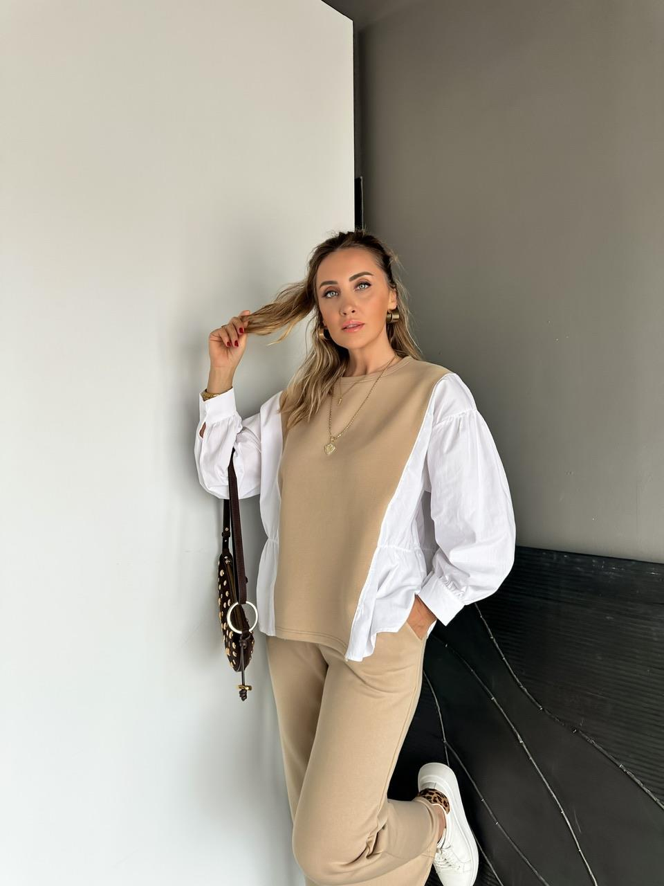 Bej Gömlek Detaylı Sweat Takım