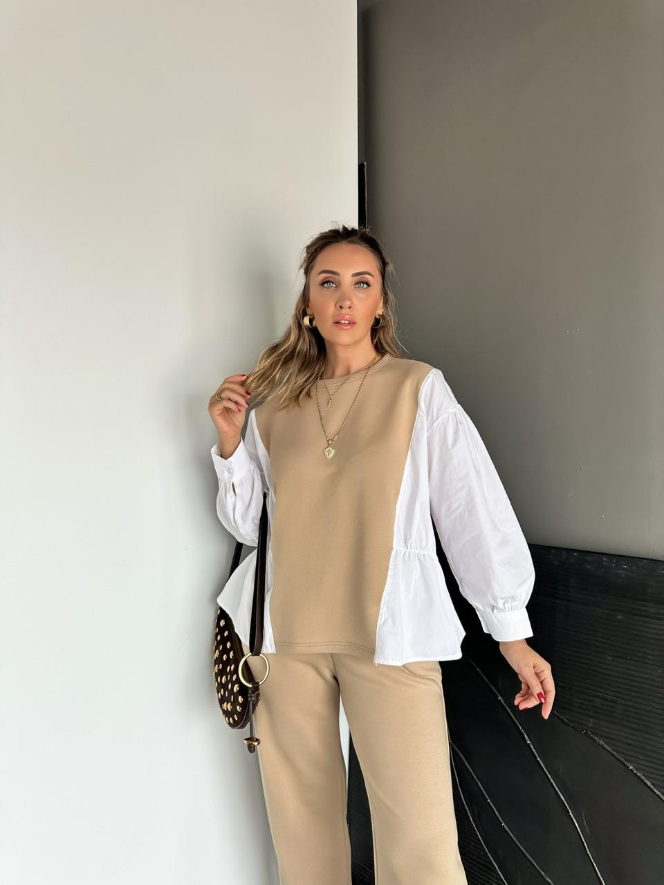Bej Gömlek Detaylı Sweat Takım
