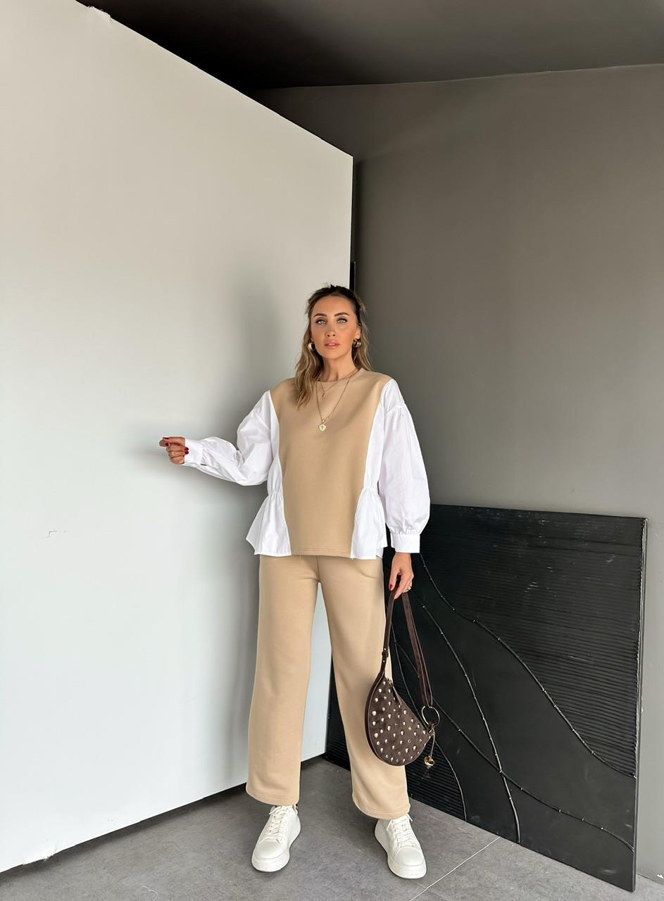 Bej Gömlek Detaylı Sweat Takım