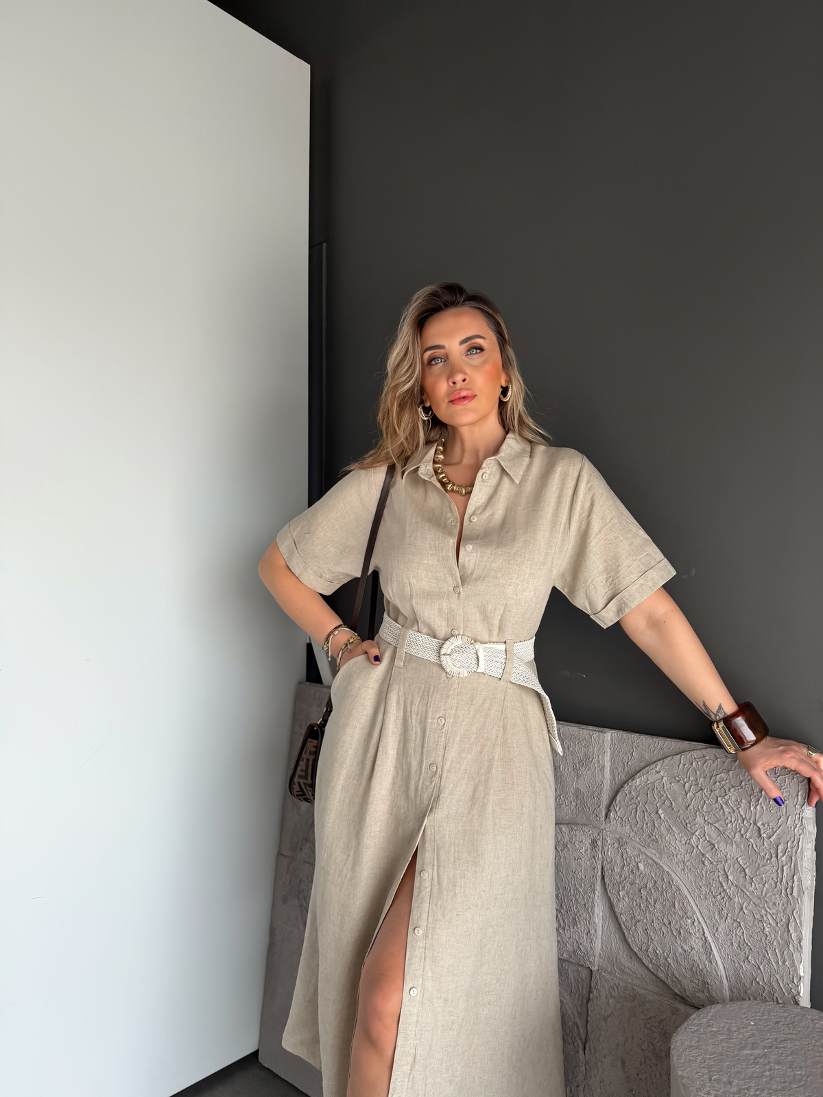 Bej Ham Keten Hasır Kemerli Elbise