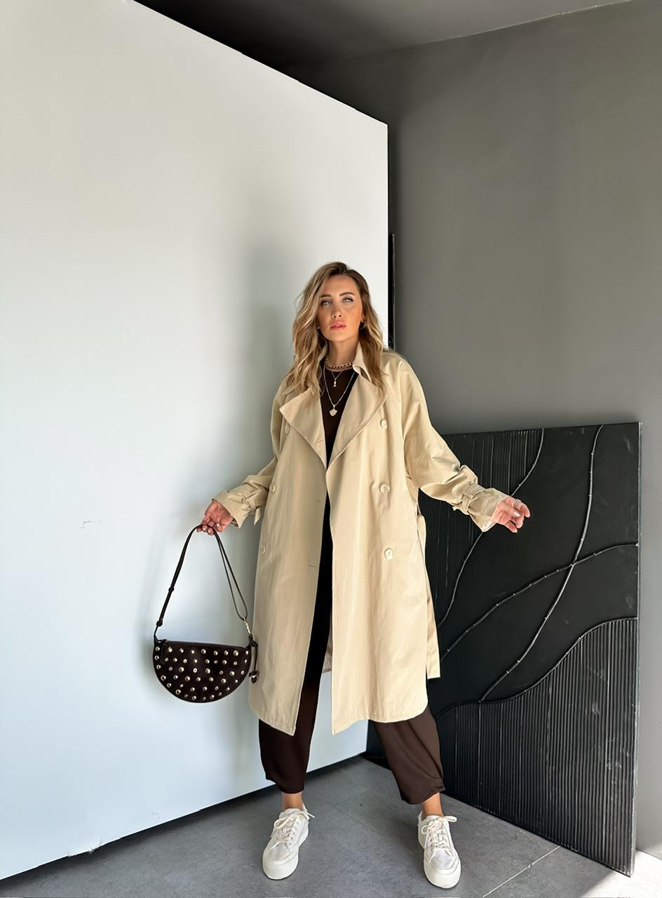Bej Kolu Bağlamalı Oversize Trençkot