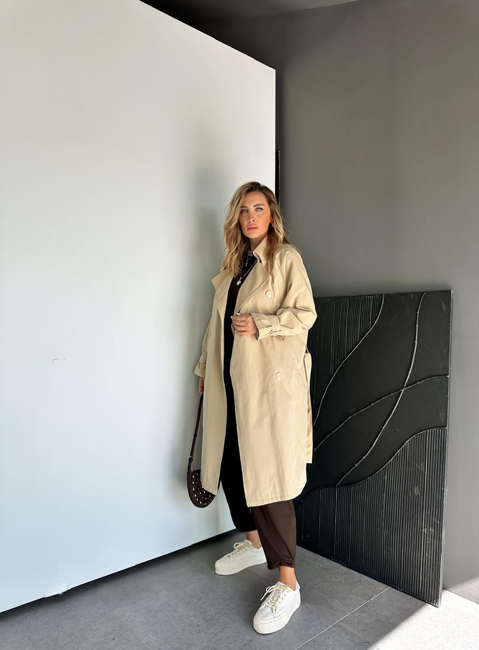 Bej Kolu Bağlamalı Oversize Trençkot