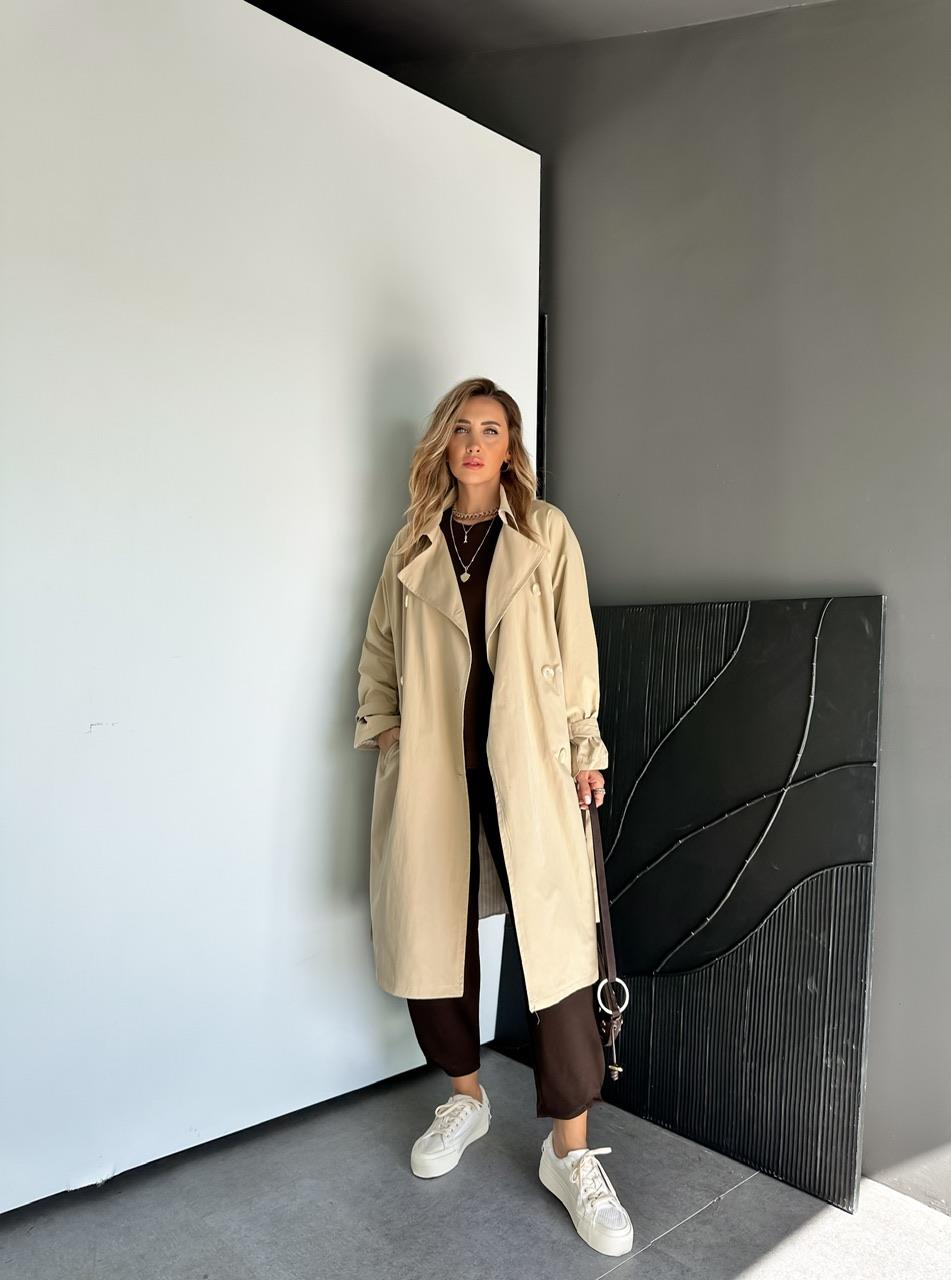 Bej Kolu Bağlamalı Oversize Trençkot