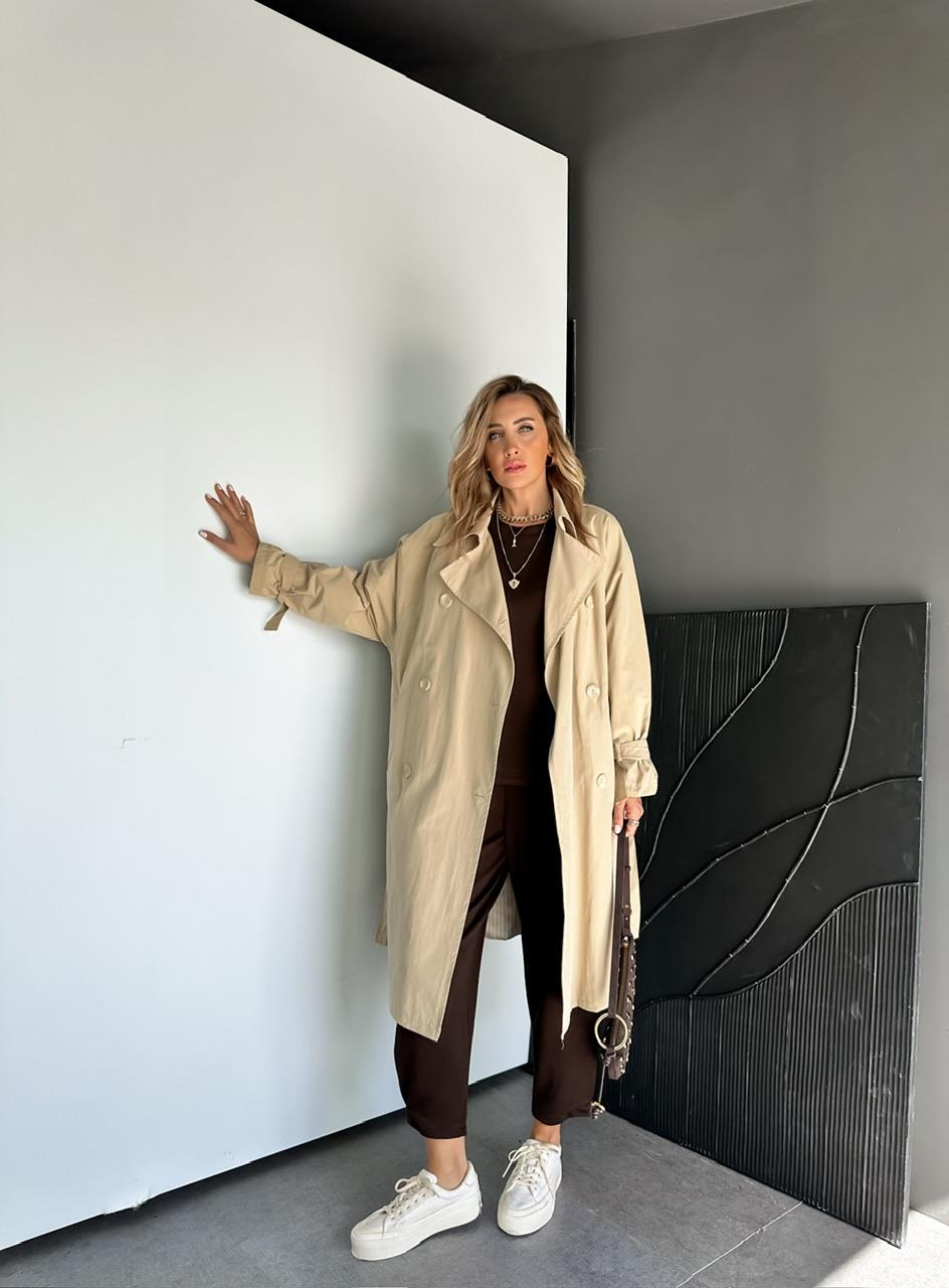 Bej Kolu Bağlamalı Oversize Trençkot