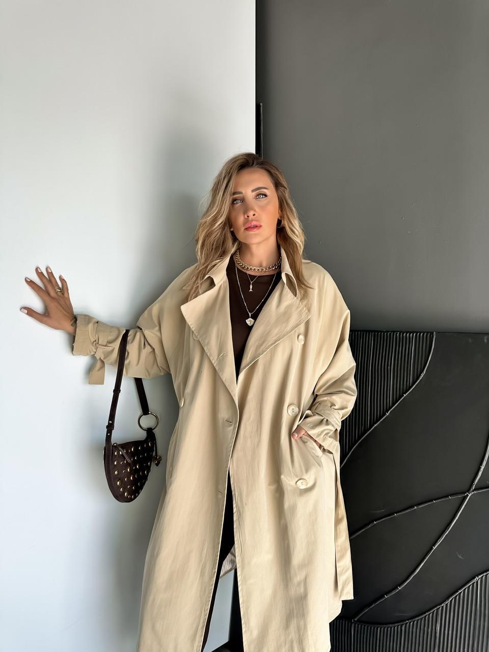Bej Kolu Bağlamalı Oversize Trençkot