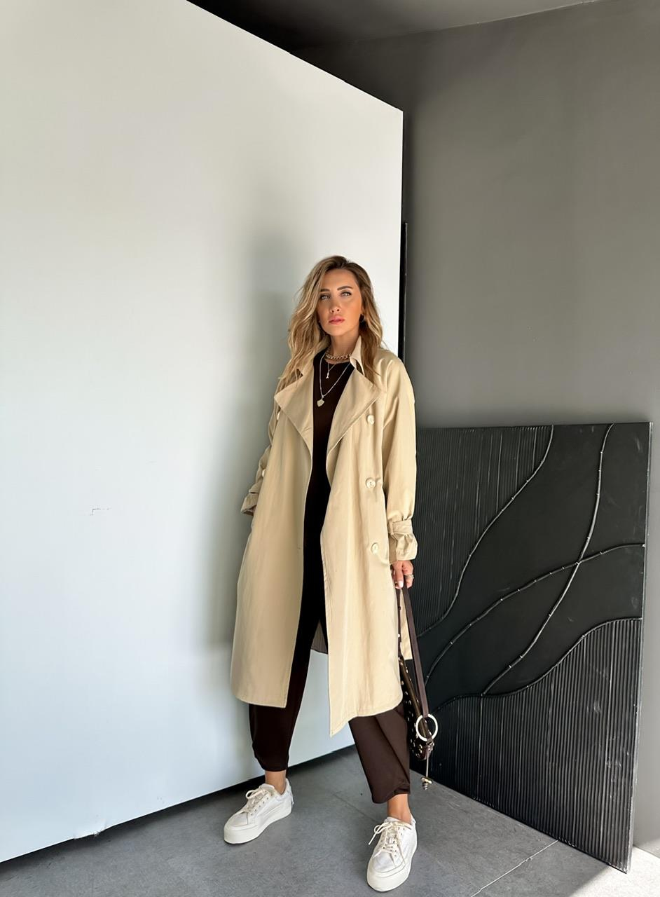 Bej Kolu Bağlamalı Oversize Trençkot