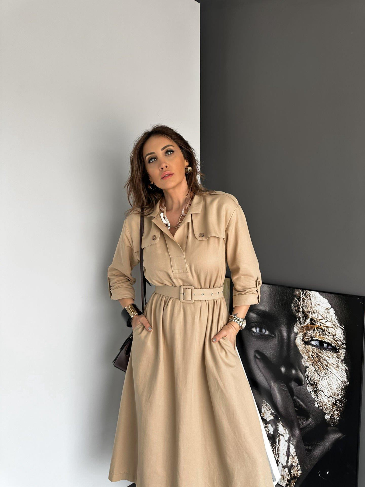 Bej Safari Beli Kemerli Keten Elbise