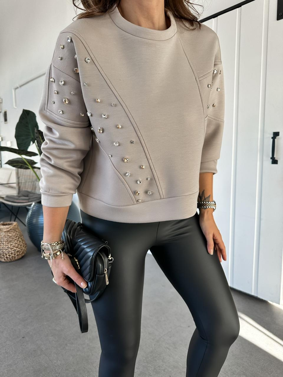 Bej Serpme Taşlı Modal Sweatshirt