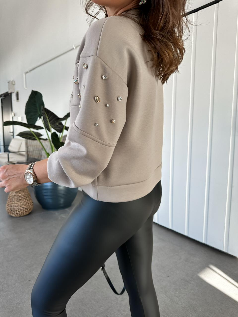 Bej Serpme Taşlı Modal Sweatshirt