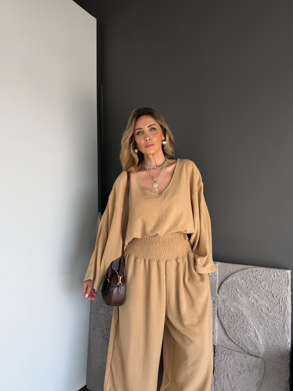 Bej Tasarım Şalvarlı Keten Takım