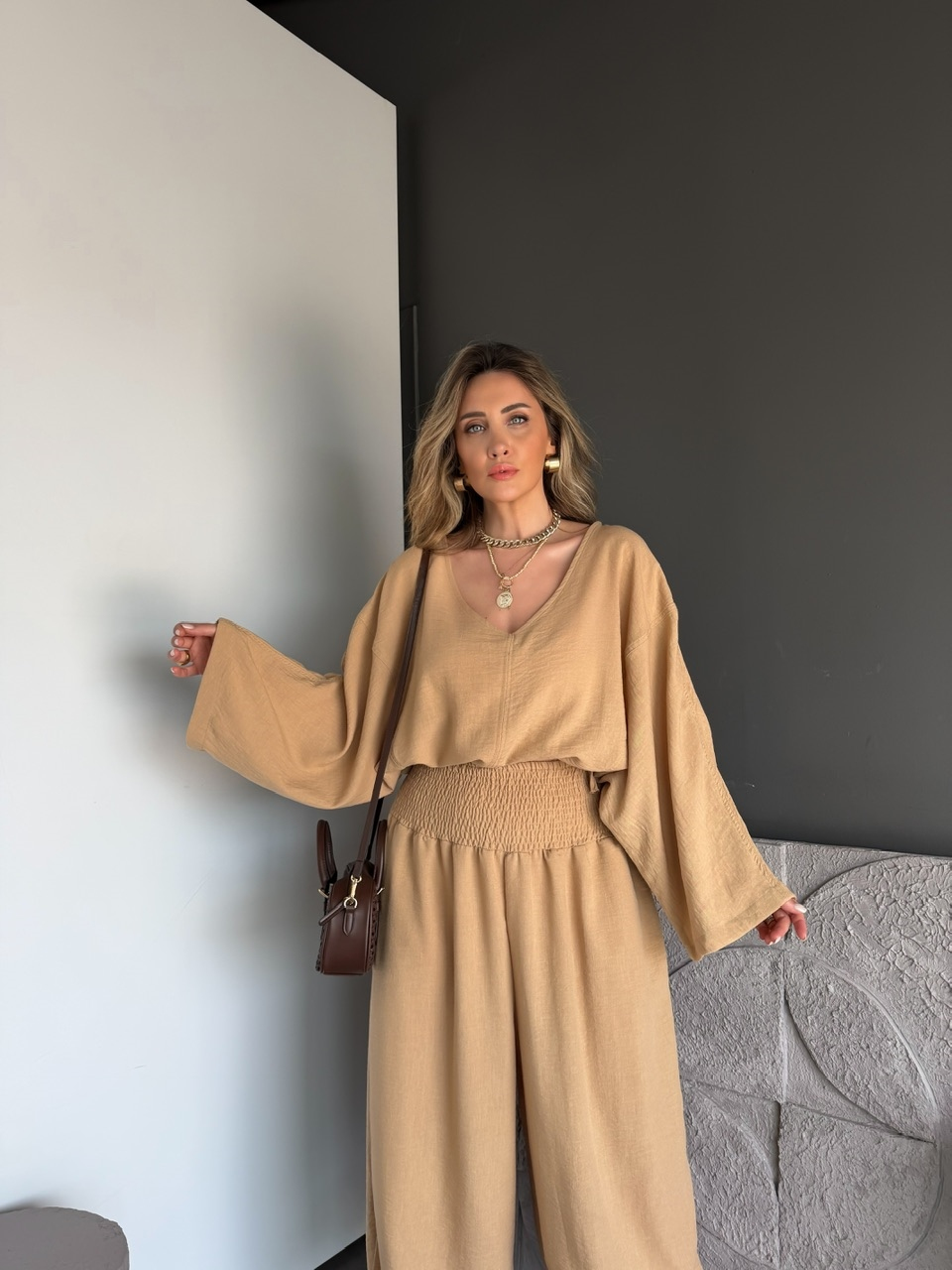 Bej Tasarım Şalvarlı Keten Takım