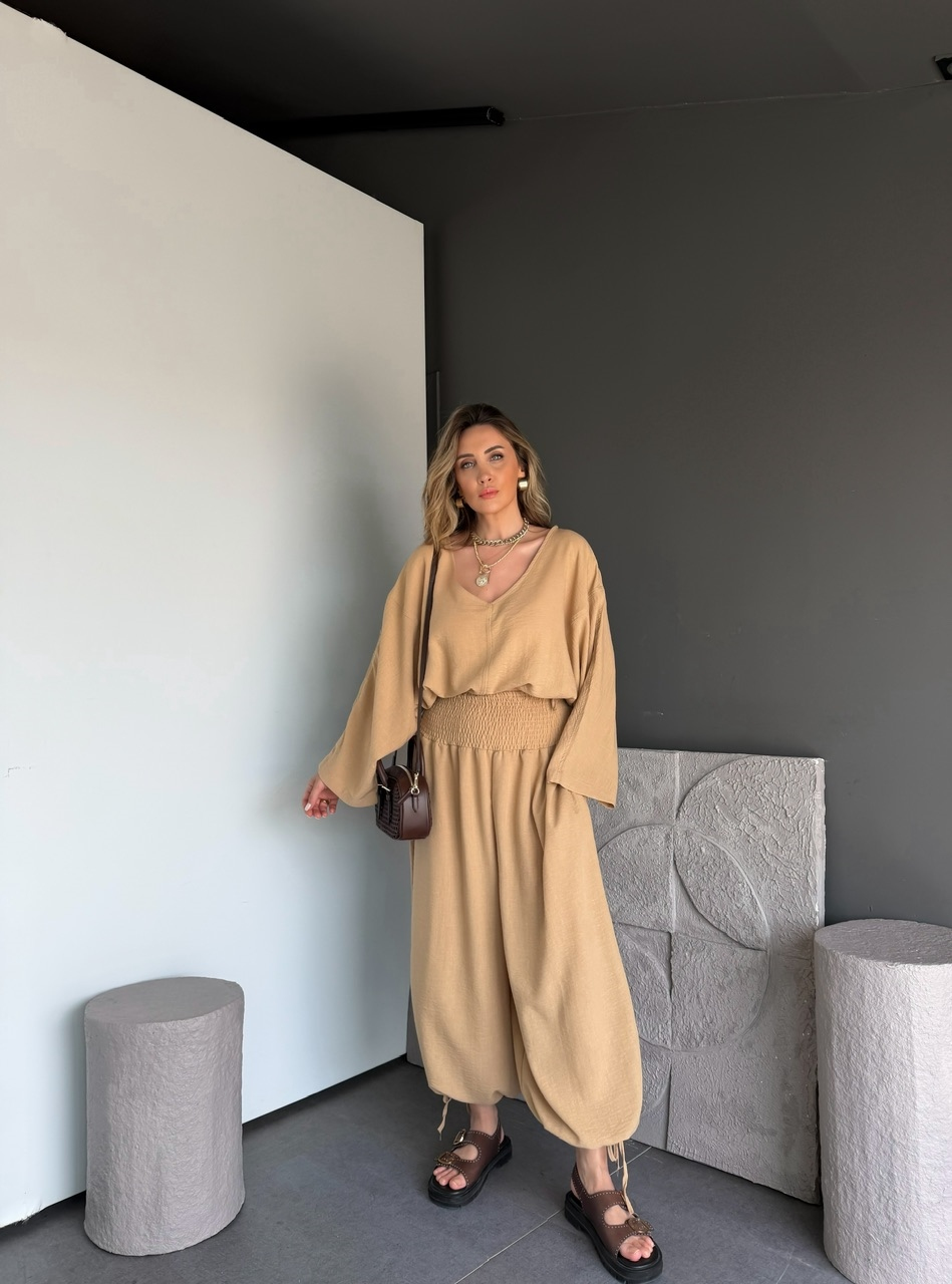 Bej Tasarım Şalvarlı Keten Takım