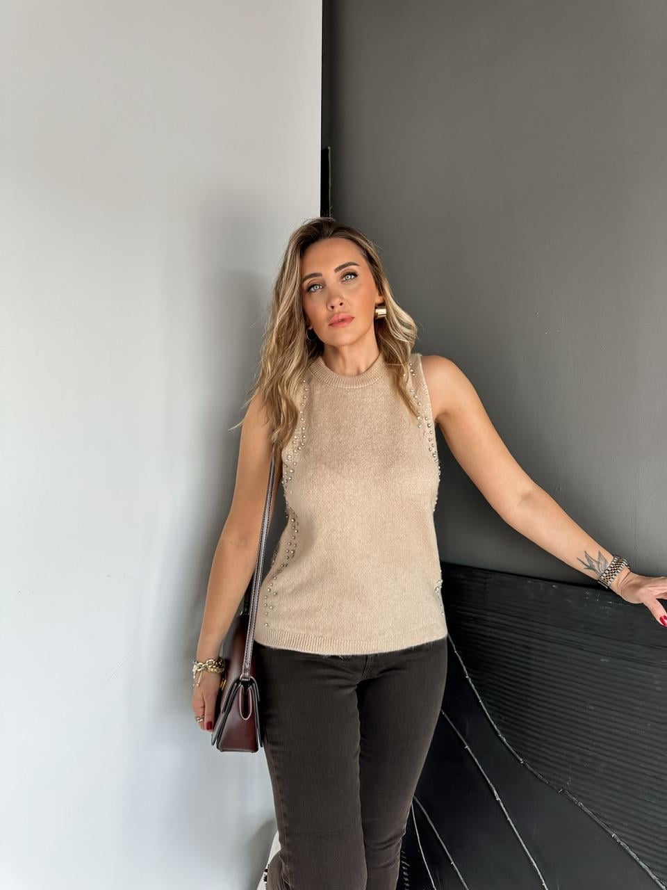 Bej Taşlı Bisiklet Yaka Triko