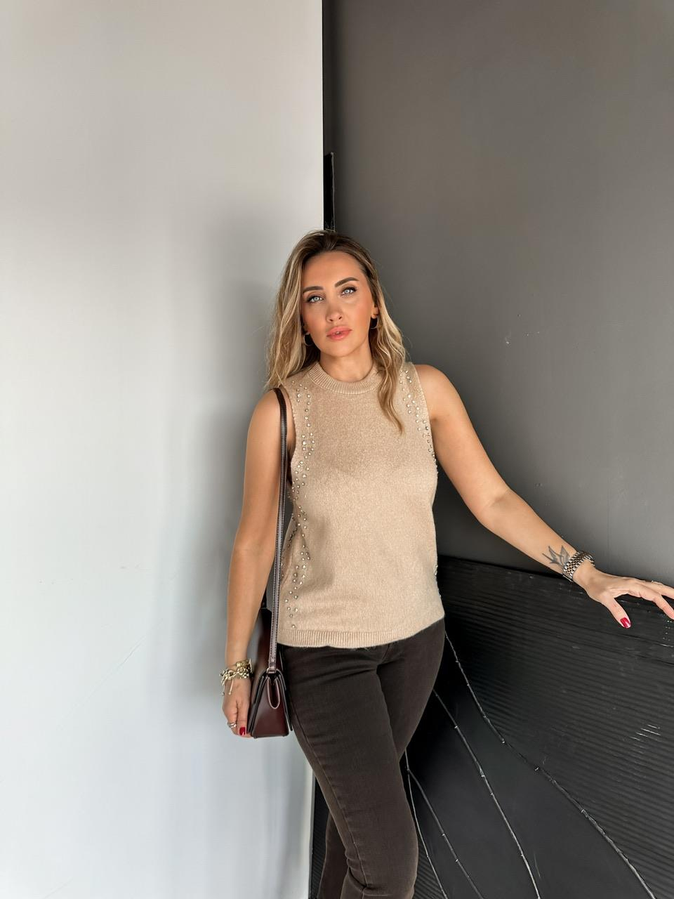 Bej Taşlı Bisiklet Yaka Triko