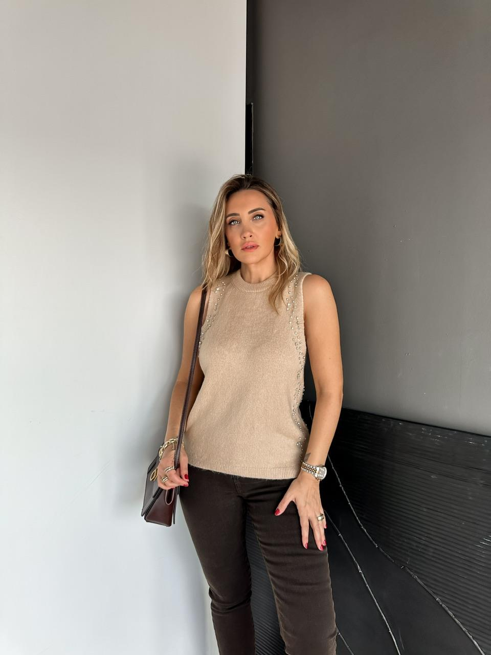 Bej Taşlı Bisiklet Yaka Triko