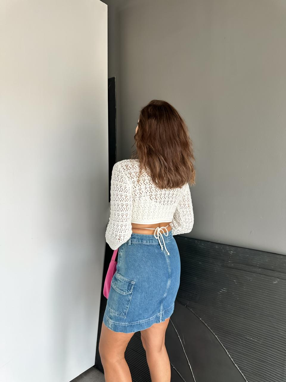 Beyaz Ajurlu Merserize Crop Triko