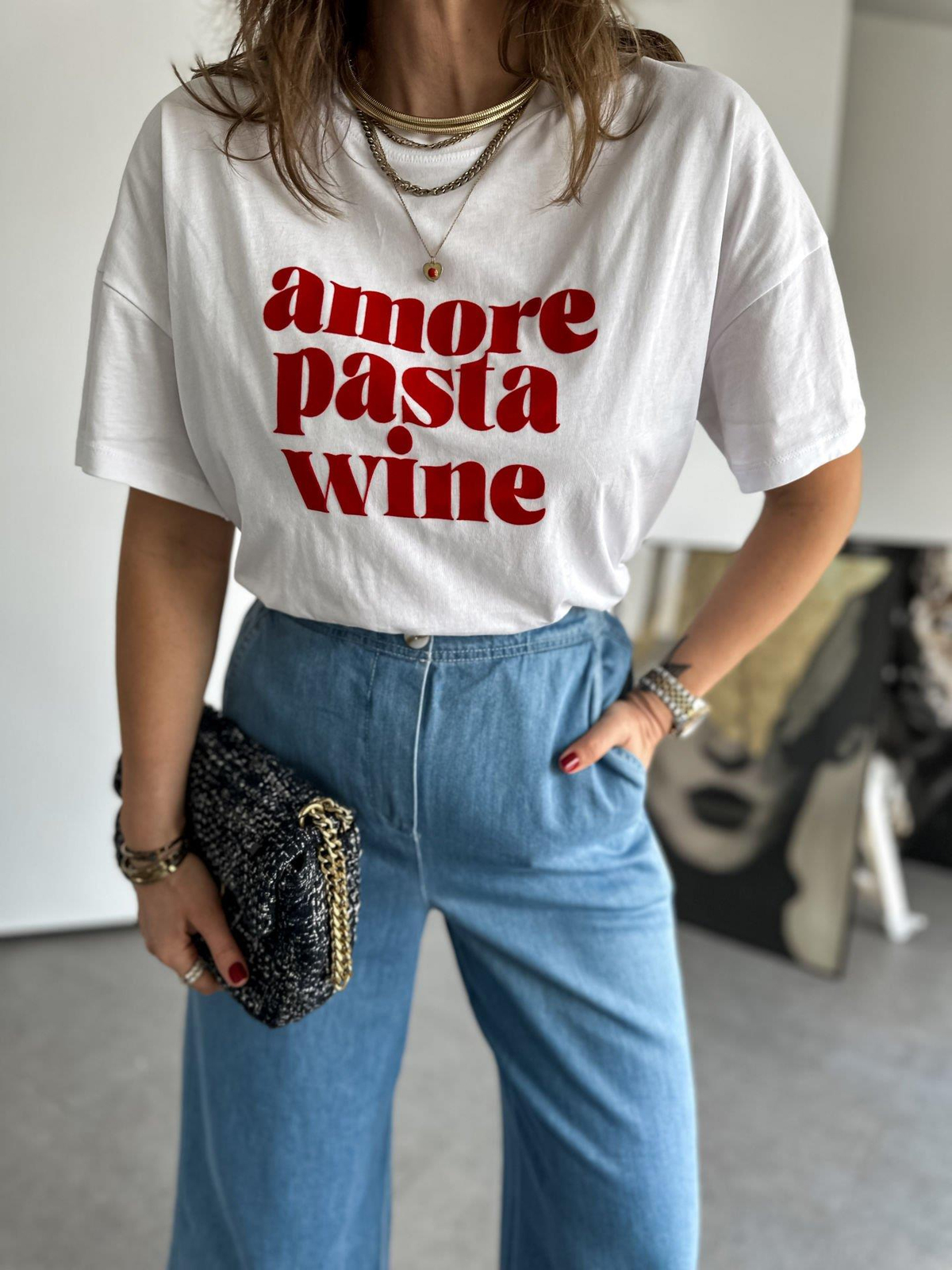 Beyaz Amore Kırmızı Yazılı Tshirt