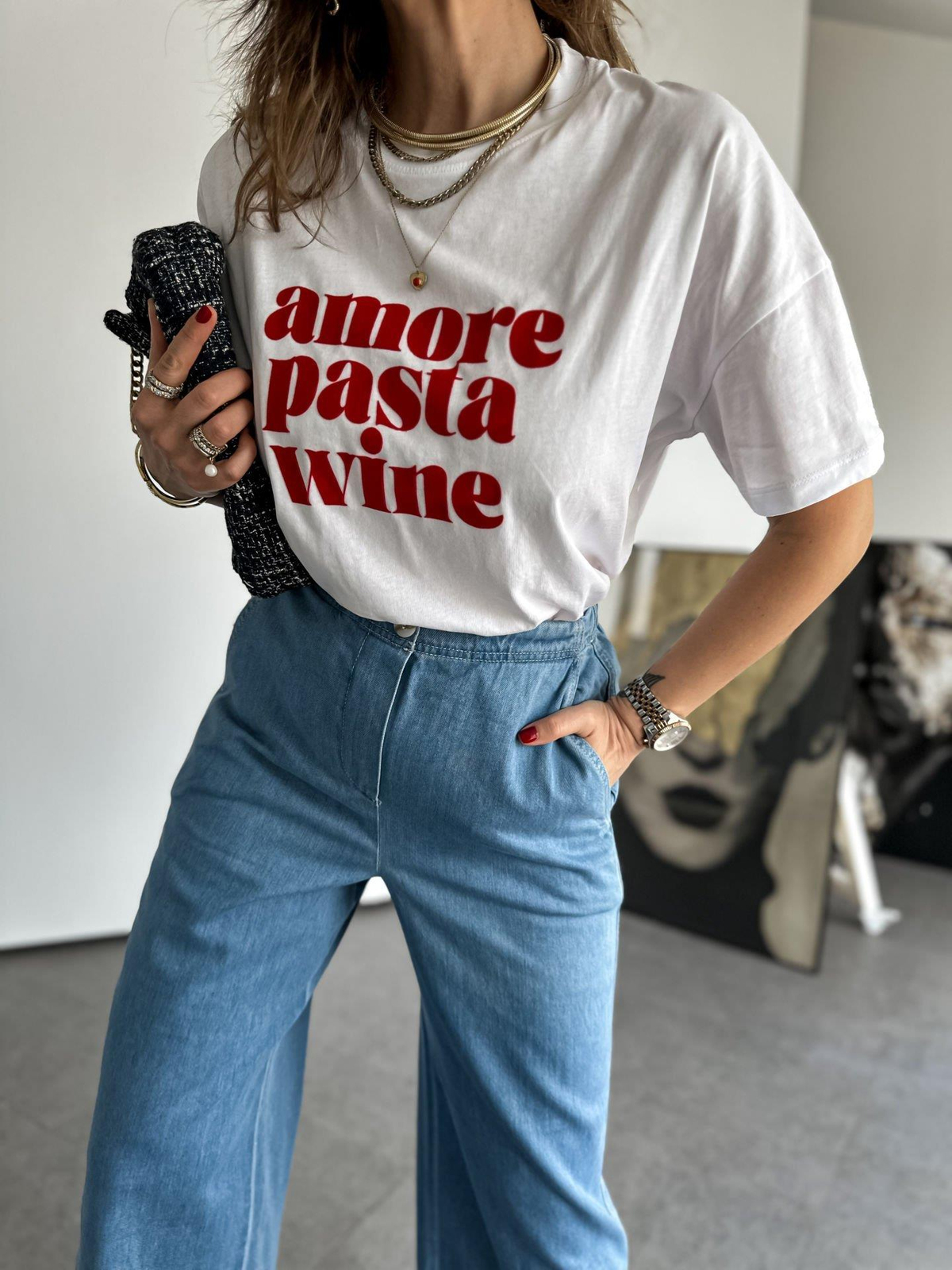Beyaz Amore Kırmızı Yazılı Tshirt