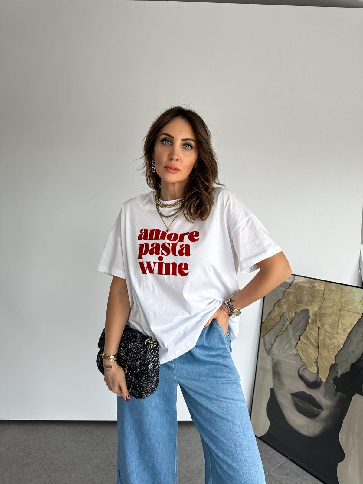 Beyaz Amore Kırmızı Yazılı Tshirt