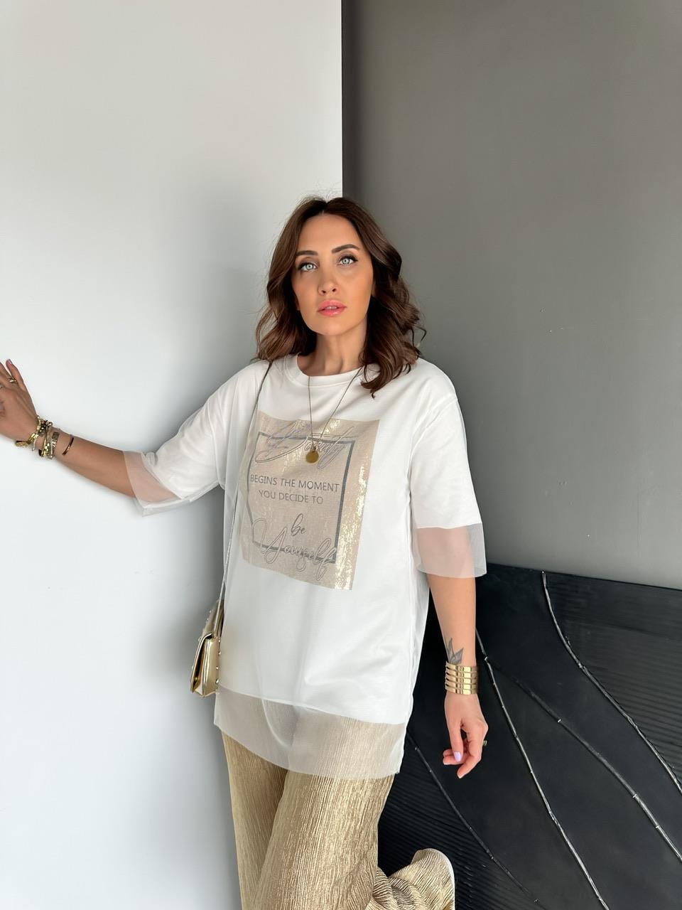Beyaz Beauty Tül Detaylı Tshirt