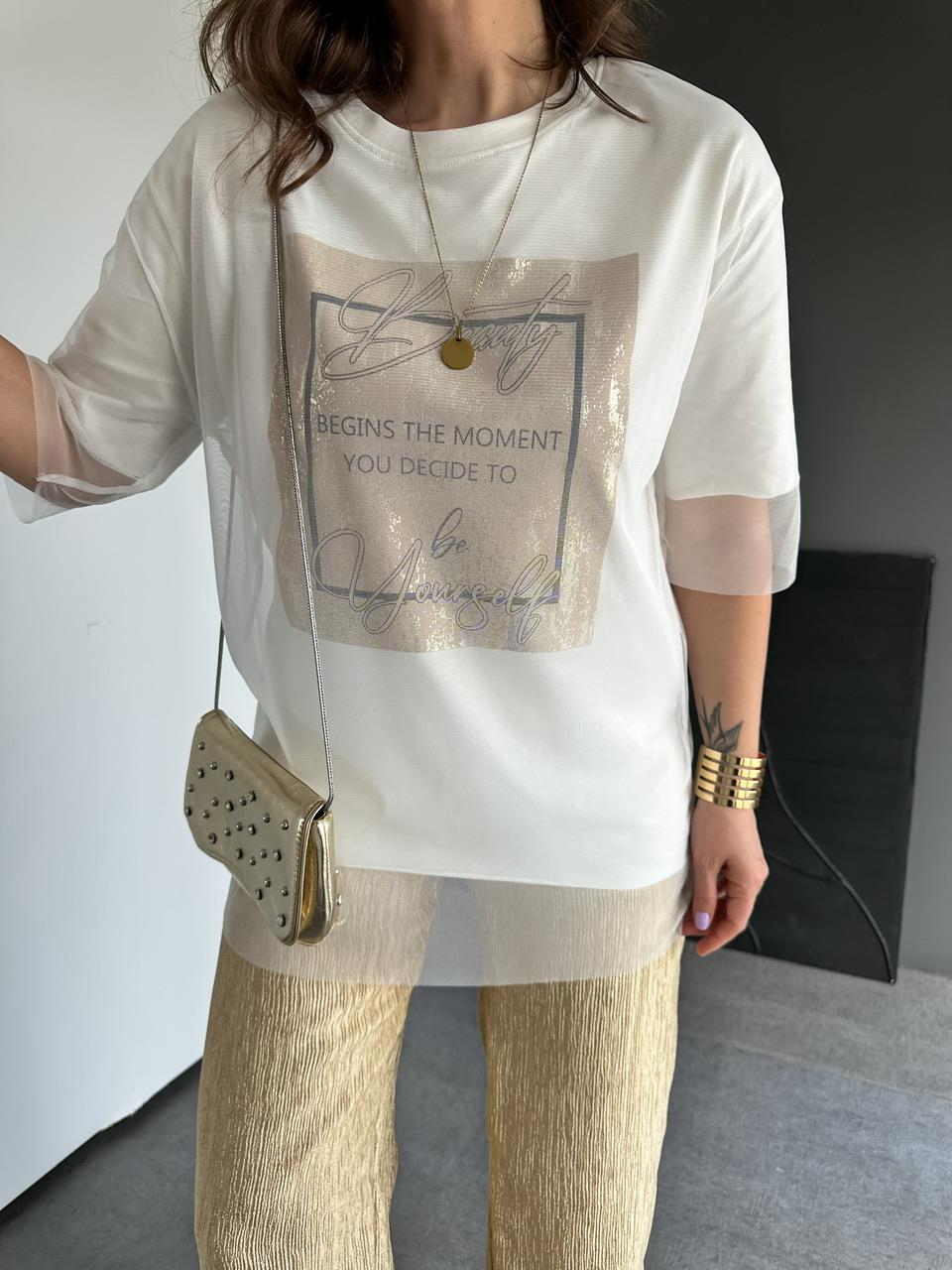 Beyaz Beauty Tül Detaylı Tshirt