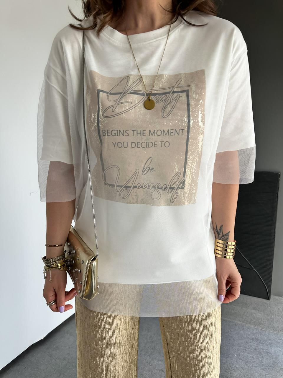 Beyaz Beauty Tül Detaylı Tshirt