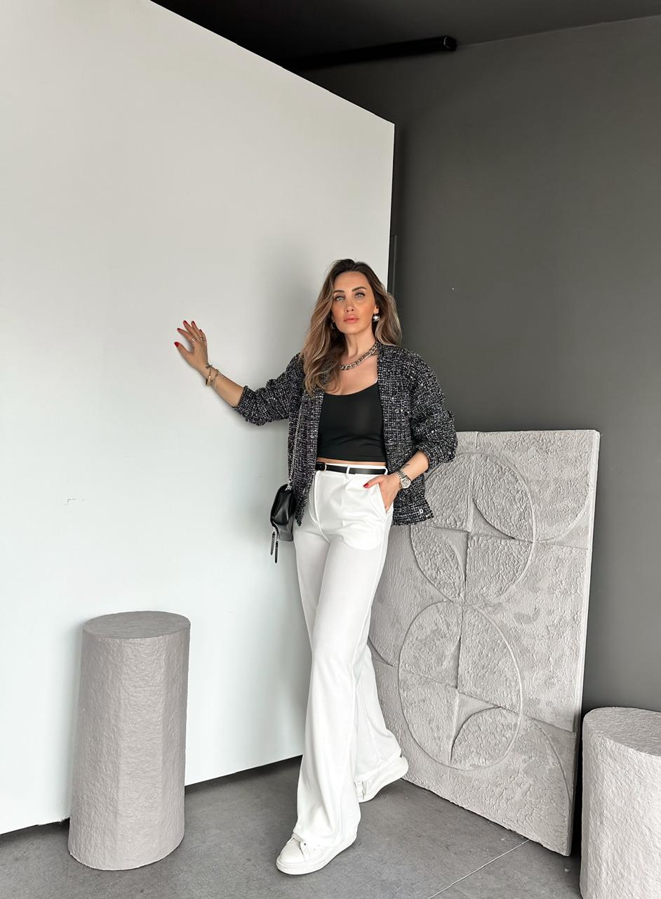 Beyaz Beli Lastikli Kemerli Bol Pantolon