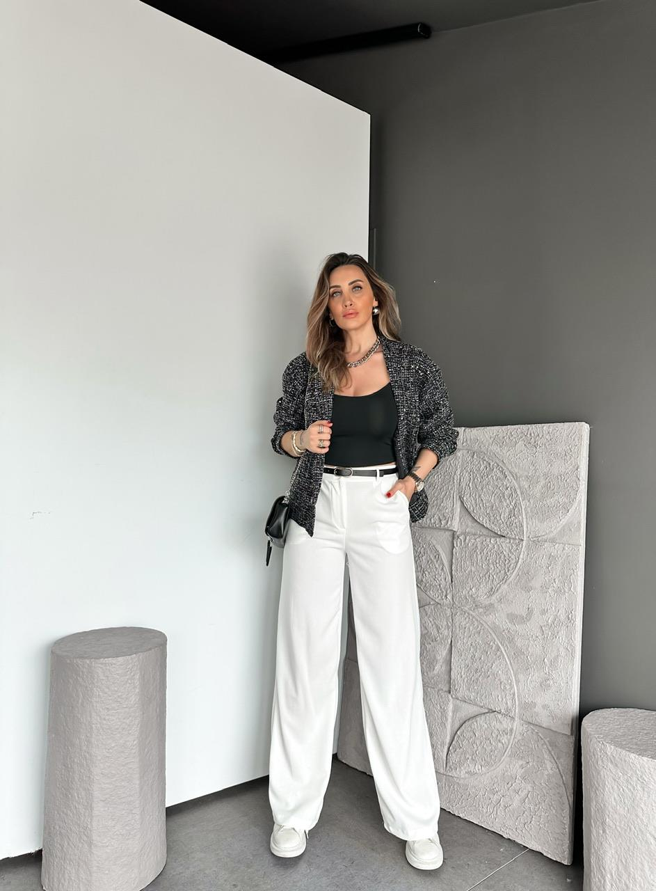Beyaz Beli Lastikli Kemerli Bol Pantolon