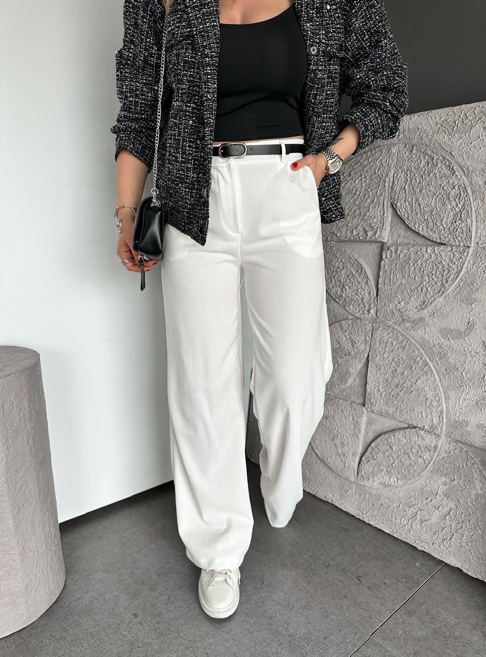 Beyaz Beli Lastikli Kemerli Bol Pantolon