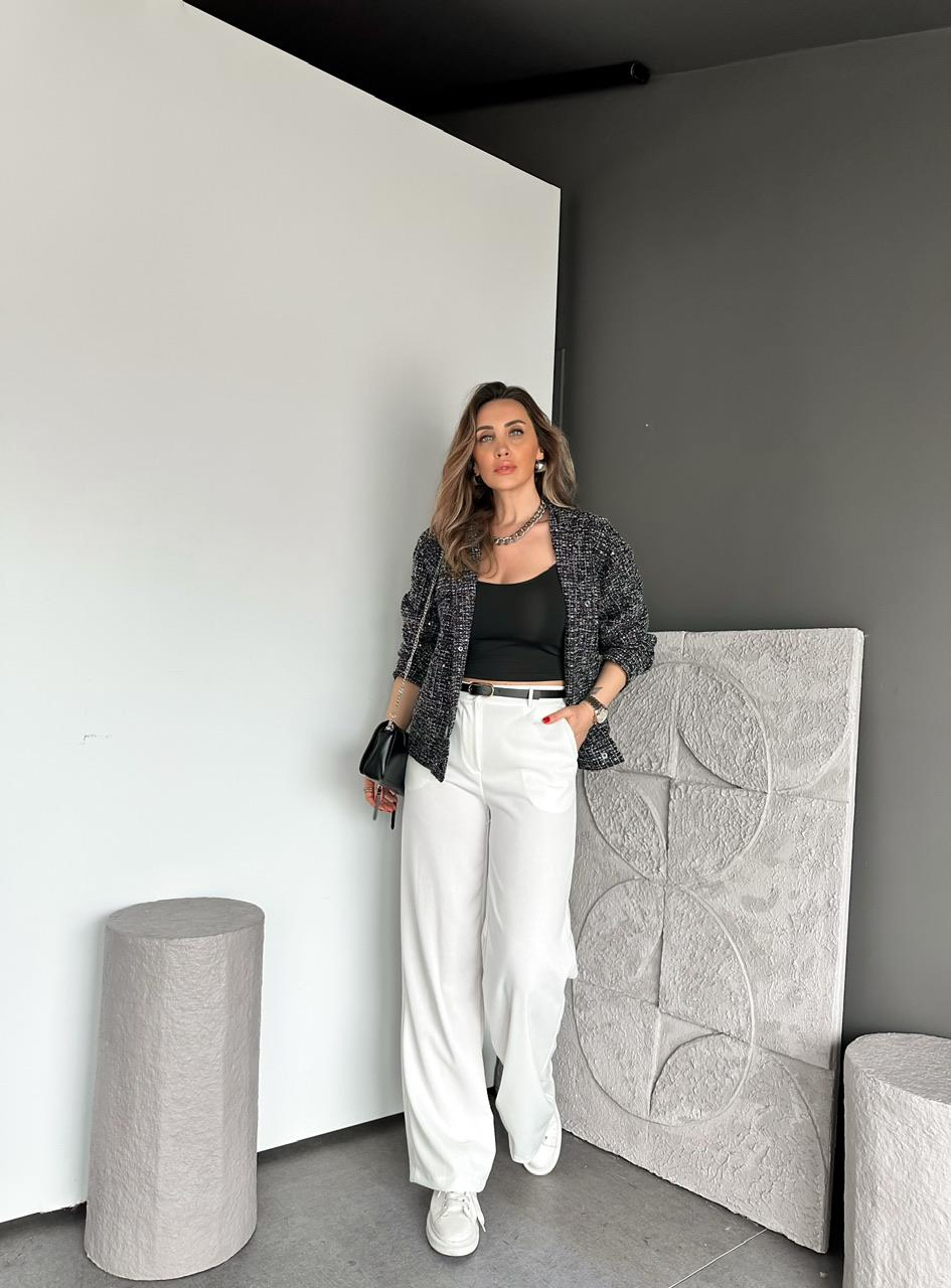 Beyaz Beli Lastikli Kemerli Bol Pantolon