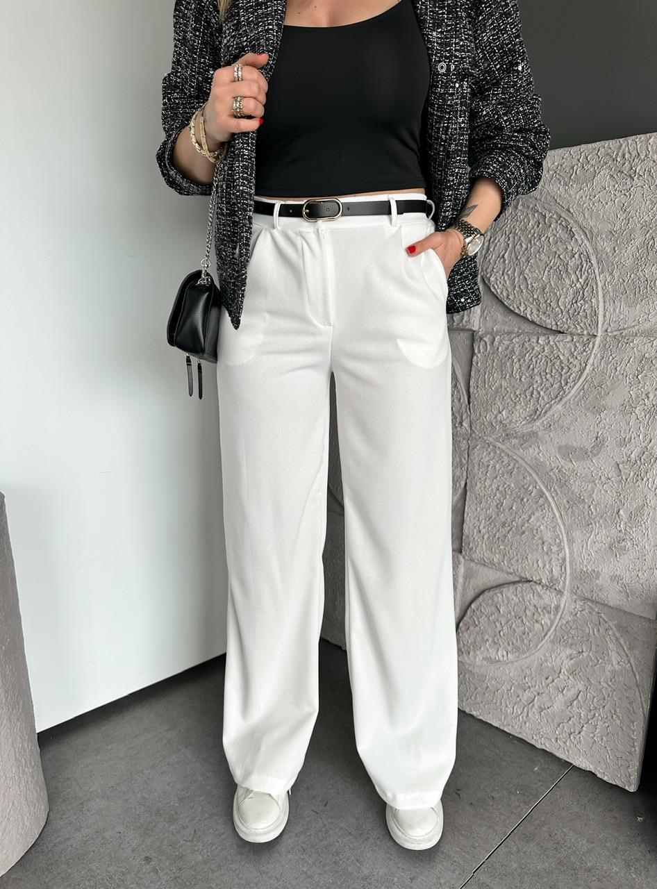 Beyaz Beli Lastikli Kemerli Bol Pantolon