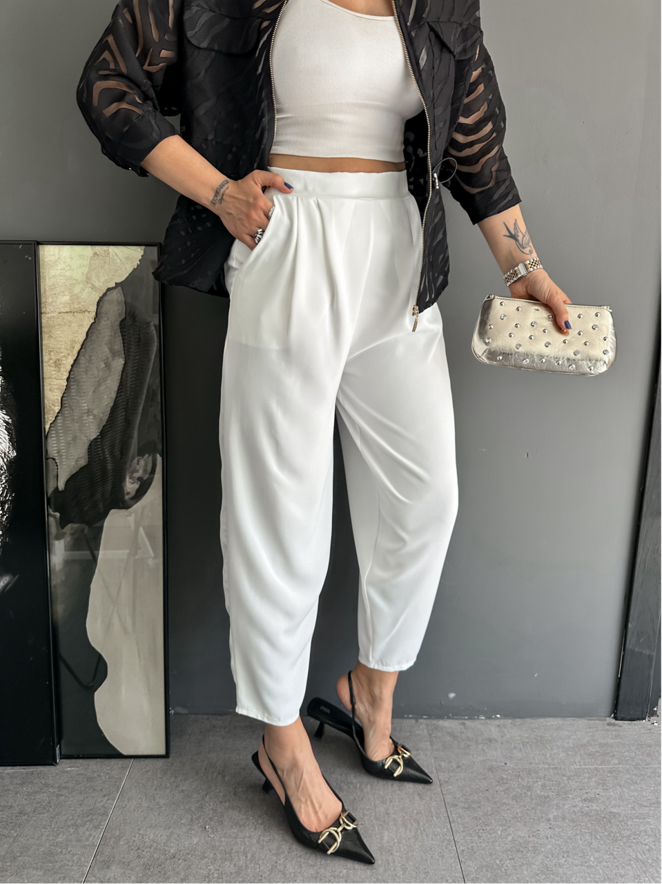 Beyaz Beli Lastikli Pilili Pantolon