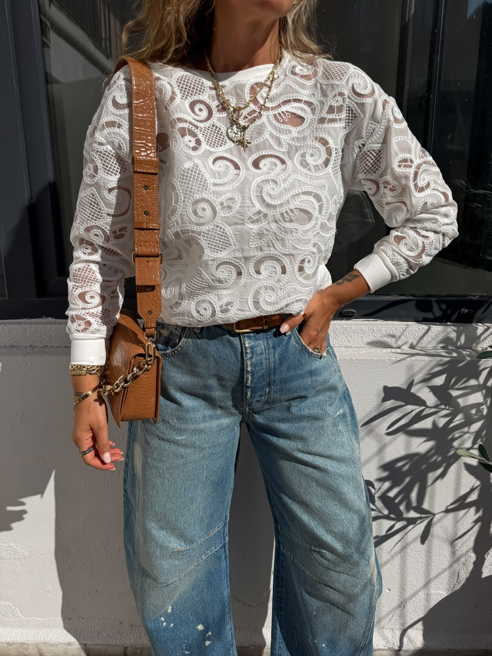 Beyaz Bisiklet Yaka Dantelli Sweatshirt