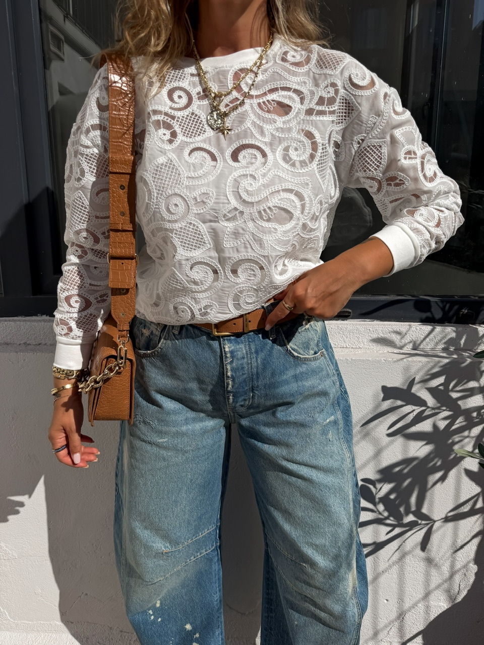 Beyaz Bisiklet Yaka Dantelli Sweatshirt
