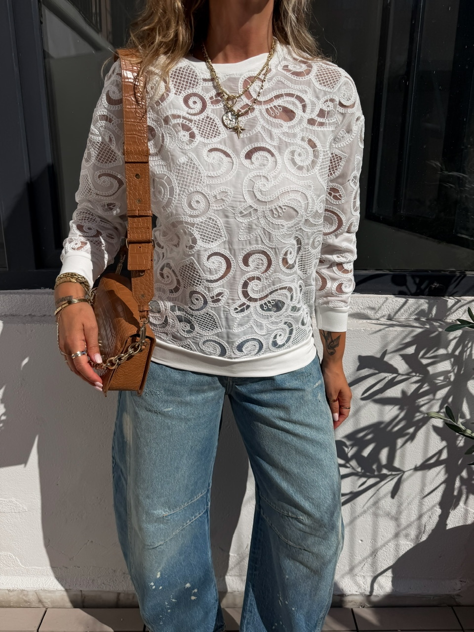 Beyaz Bisiklet Yaka Dantelli Sweatshirt