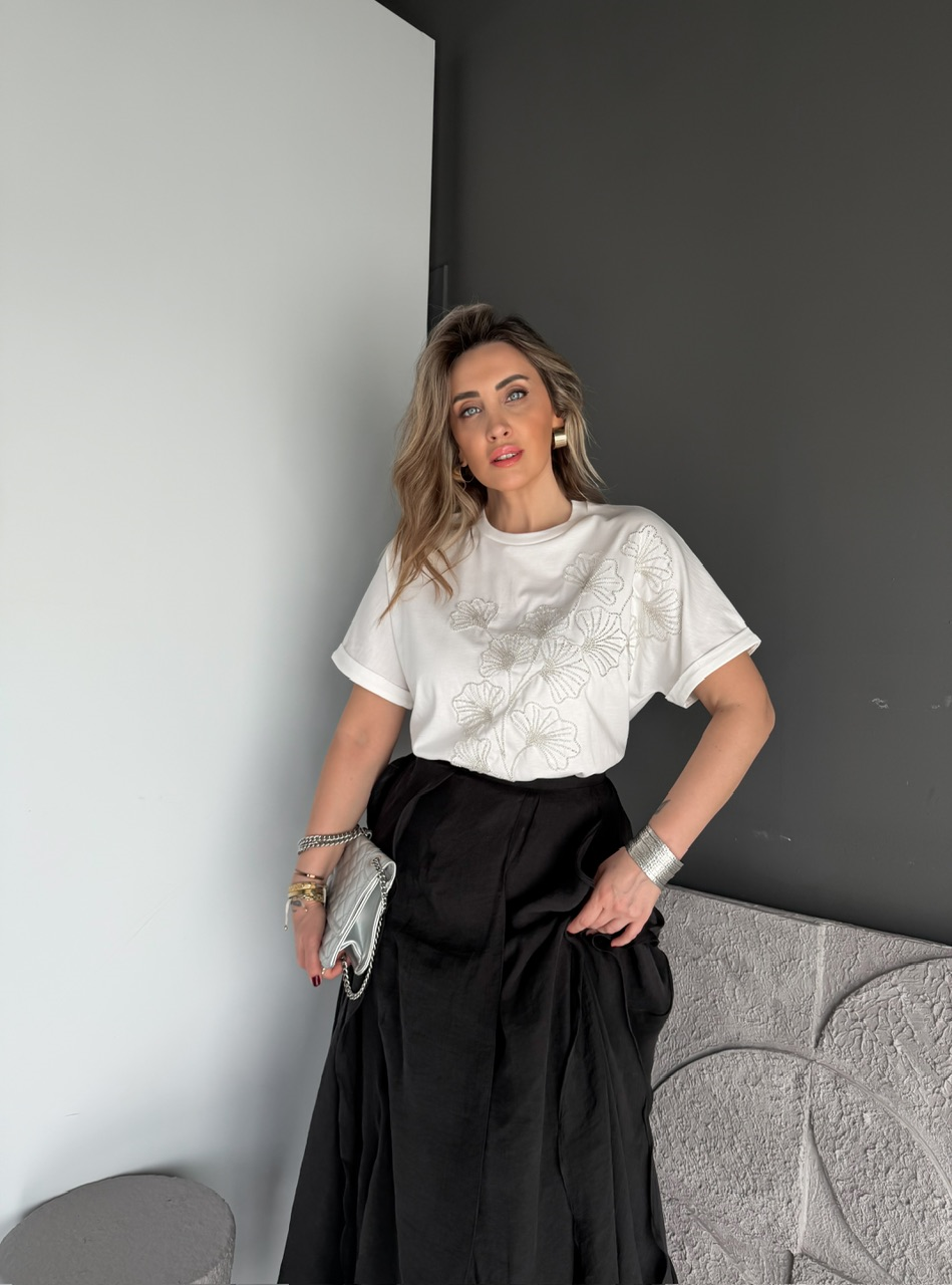 Beyaz Boncuk İşlemeli Cotton Tshirt