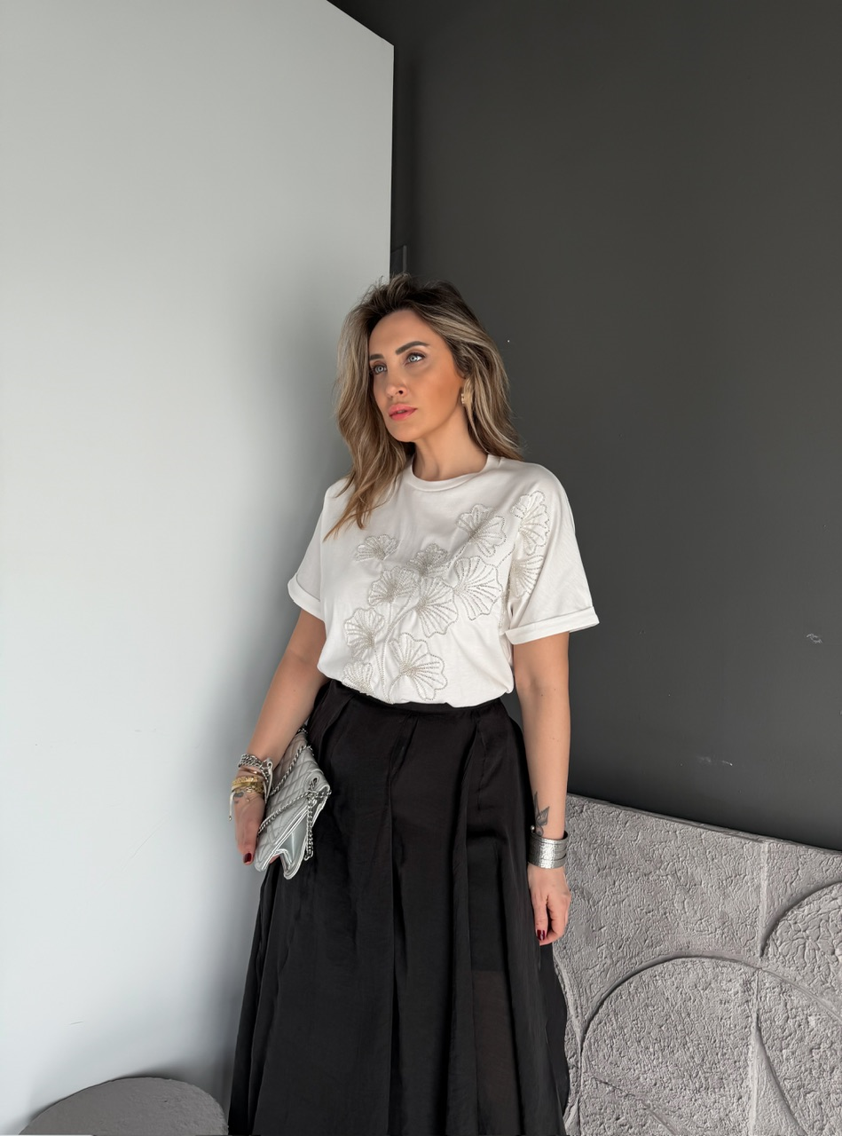 Beyaz Boncuk İşlemeli Cotton Tshirt