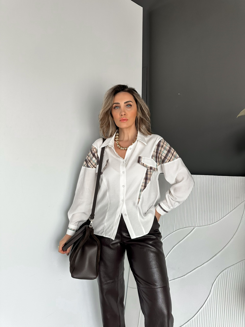 Beyaz Ekose Garnili Cotton Gömlek