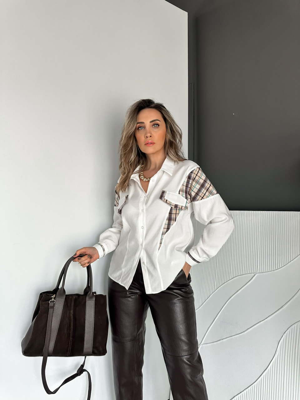 Beyaz Ekose Garnili Cotton Gömlek