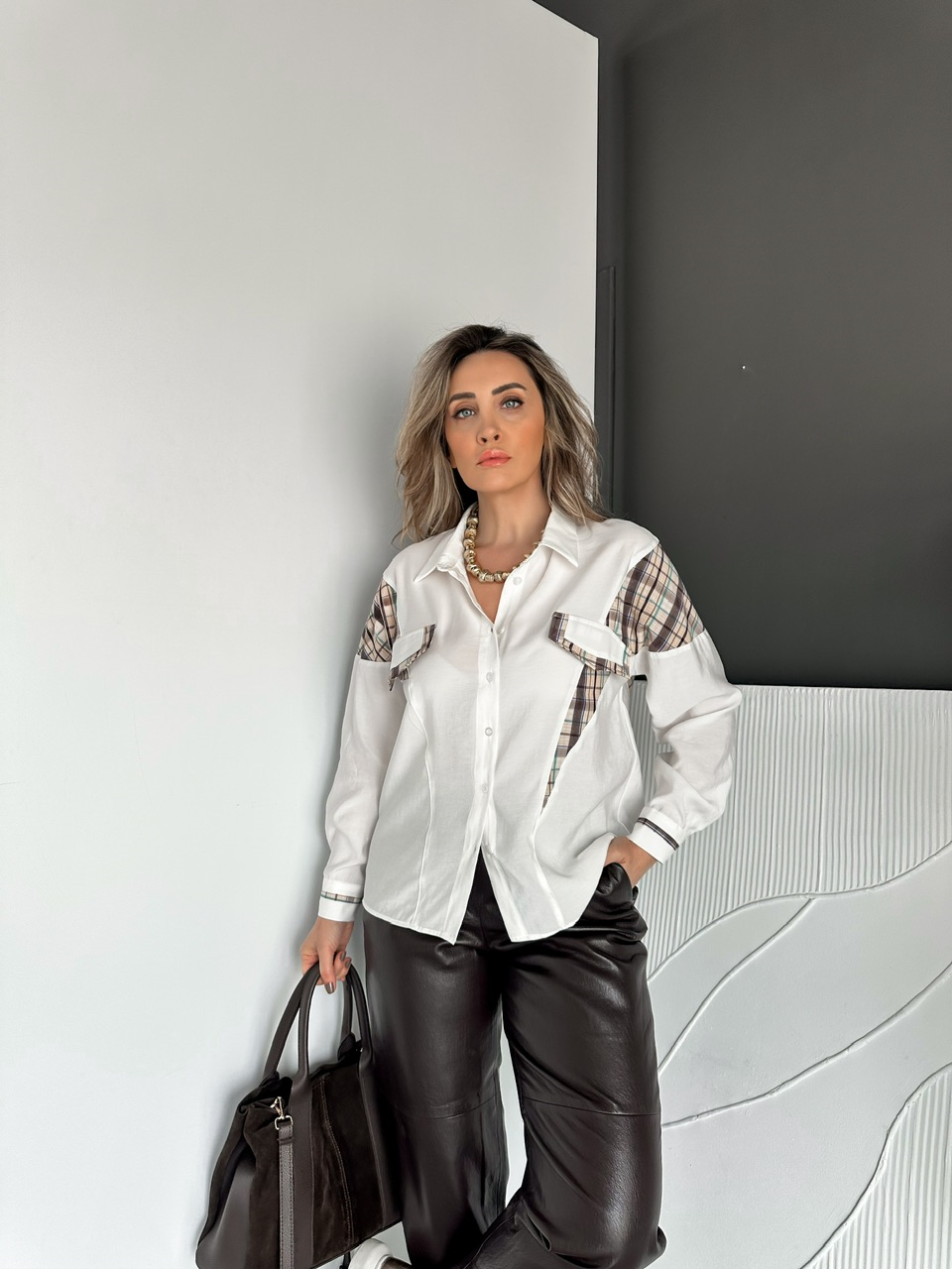 Beyaz Ekose Garnili Cotton Gömlek