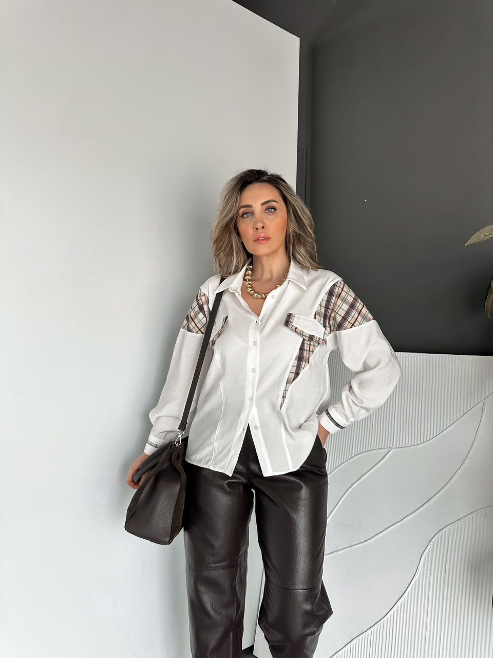 Beyaz Ekose Garnili Cotton Gömlek
