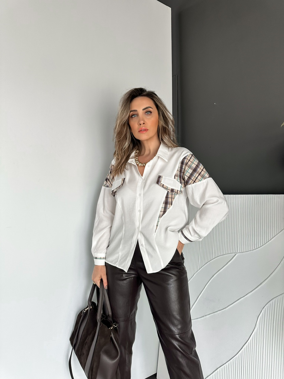 Beyaz Ekose Garnili Cotton Gömlek