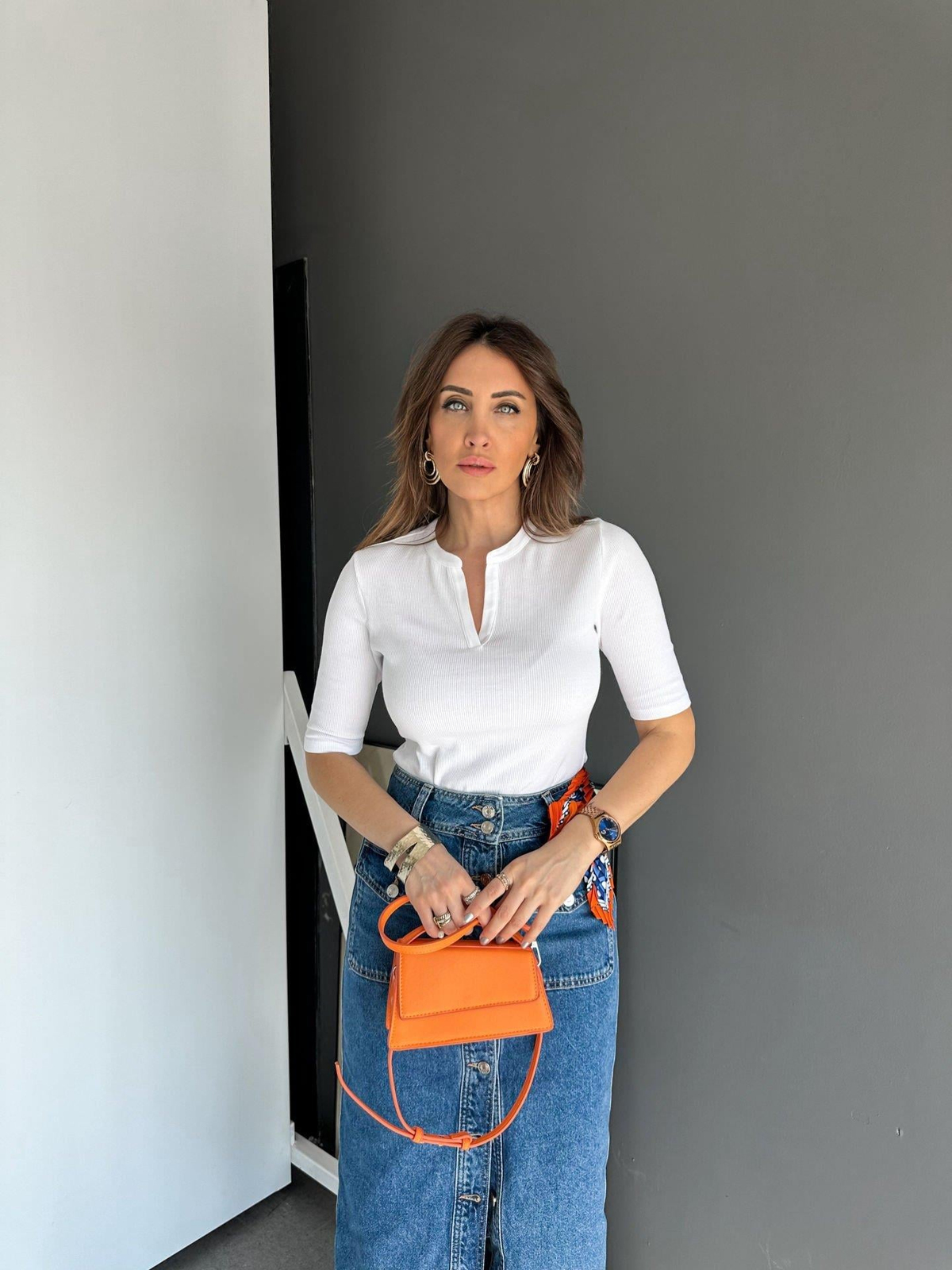 Beyaz Fakir Kol Fitilli Tshirt