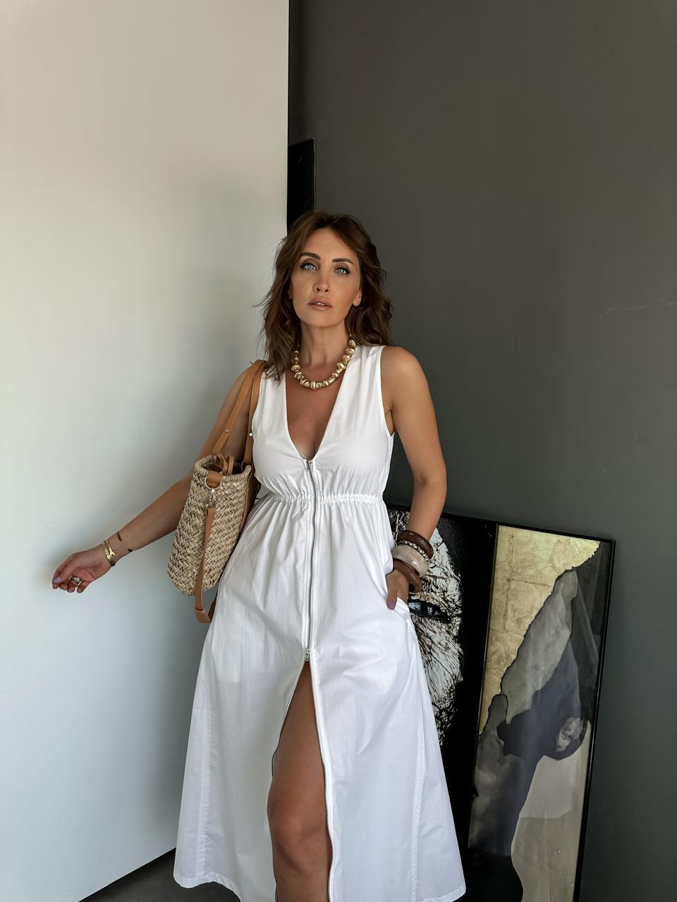 Beyaz Fermuarlı Beli Lastikli Orijinal Elbise