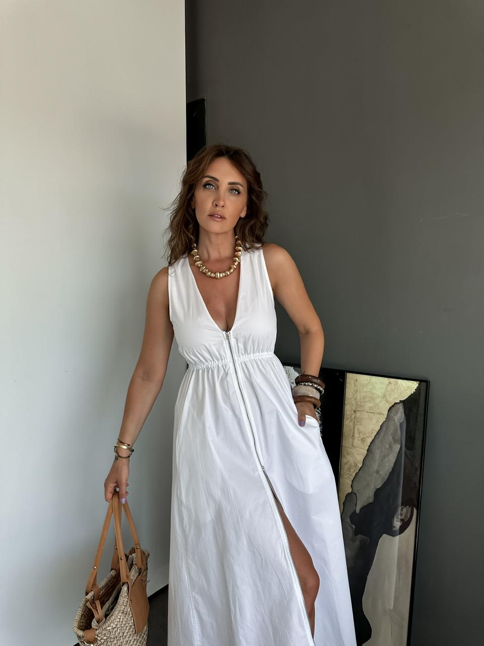 Beyaz Fermuarlı Beli Lastikli Orijinal Elbise